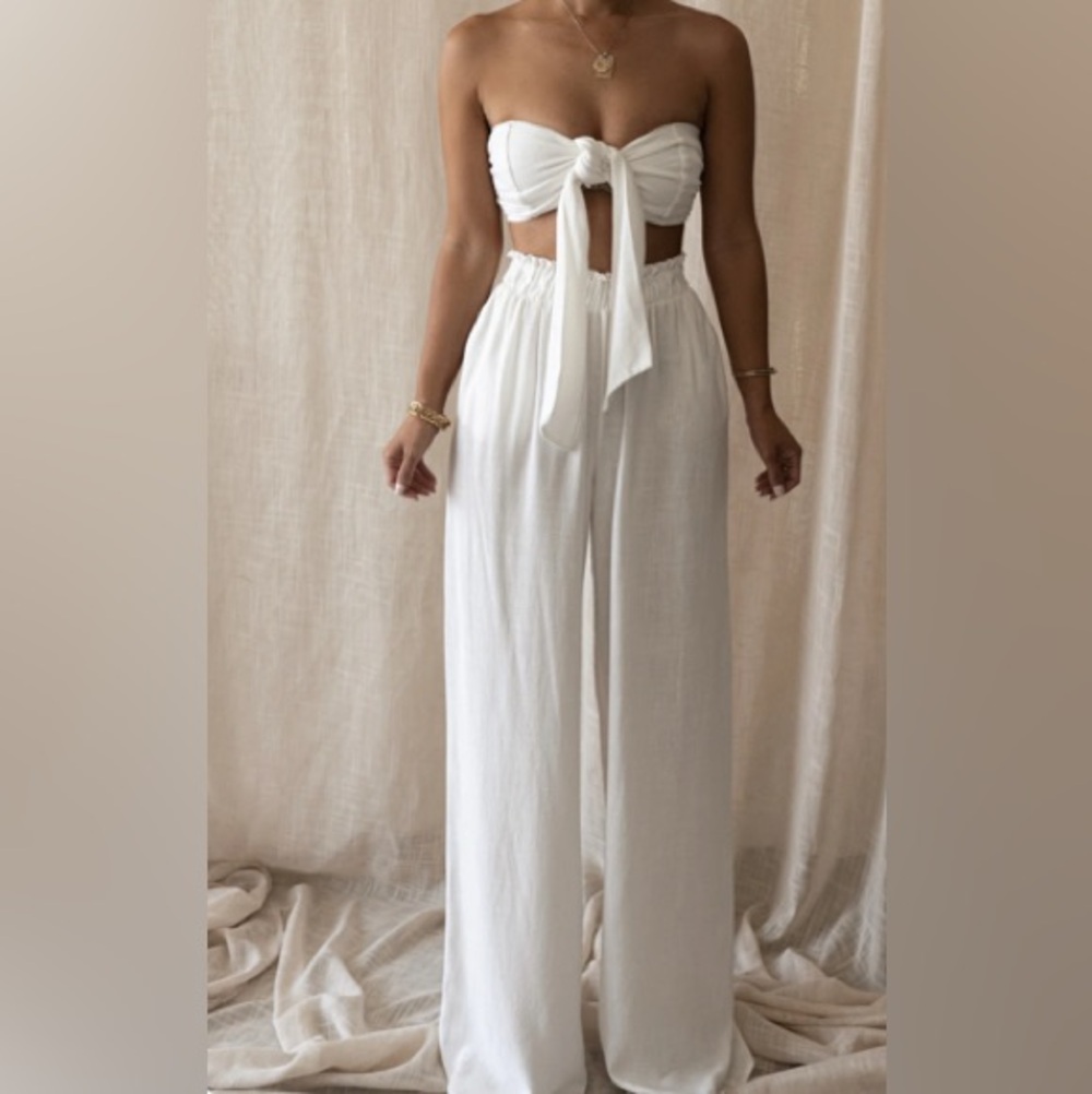 JLUXLABEL Set White Wide-Leg High-Waist Lounge Pants and Bandeau Front Tie Top